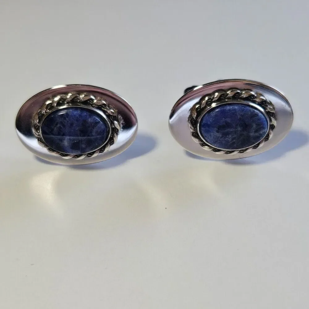 Silver Tone Oval Blue Sodalite Vintage Cufflinks